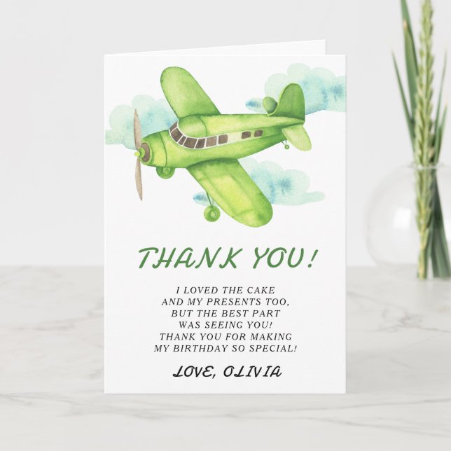Watercolor Green Aeroplane Birthday thank you Card (Front)