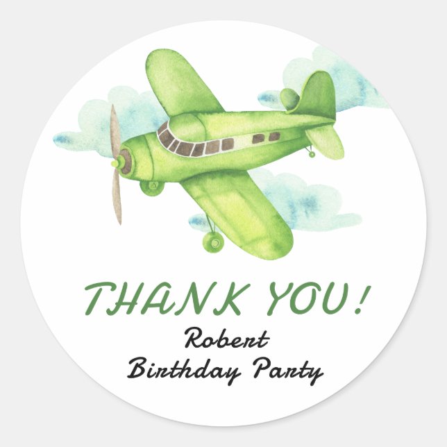 Watercolor Green Aeroplane Birthday thank you Classic Round Sticker (Front)