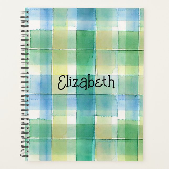 Watercolor Green and Blue Plaid Planner (Front)
