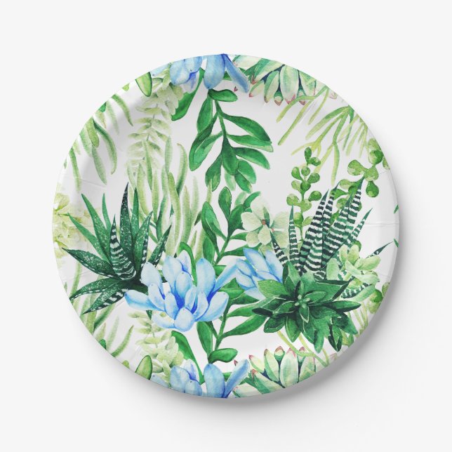 Watercolor Green and Blue Succulent Plants, Leaves Paper Plate (Front)