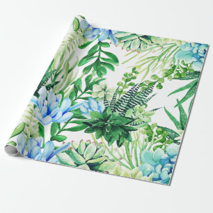 Watercolor Green and Blue Succulent Plants, Leaves Wrapping Paper