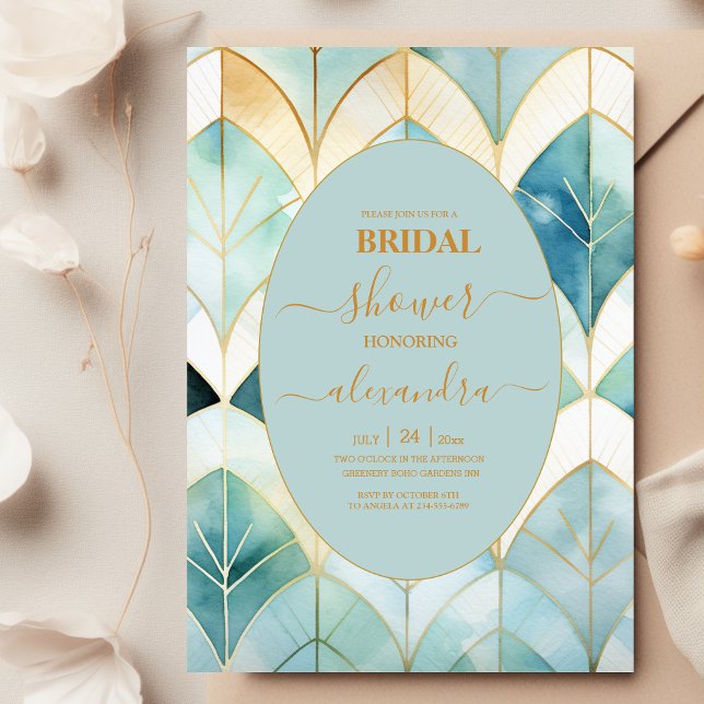 Watercolor Green and Gold Art Deco Bridal Shower  Invitation (Creator Uploaded)