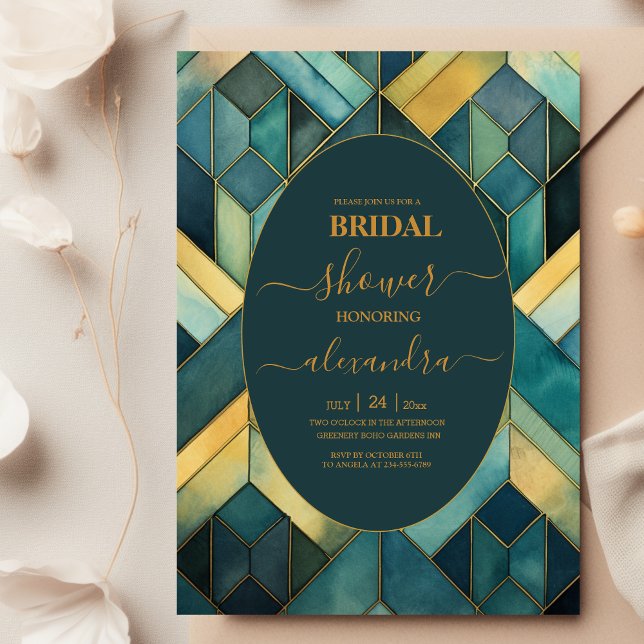 Watercolor Green and Gold Art Deco Bridal Shower  Invitation (Creator Uploaded)