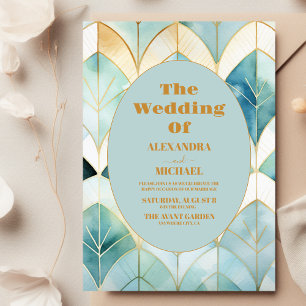 Watercolor Green and Gold Art Deco Wedding  Invitation