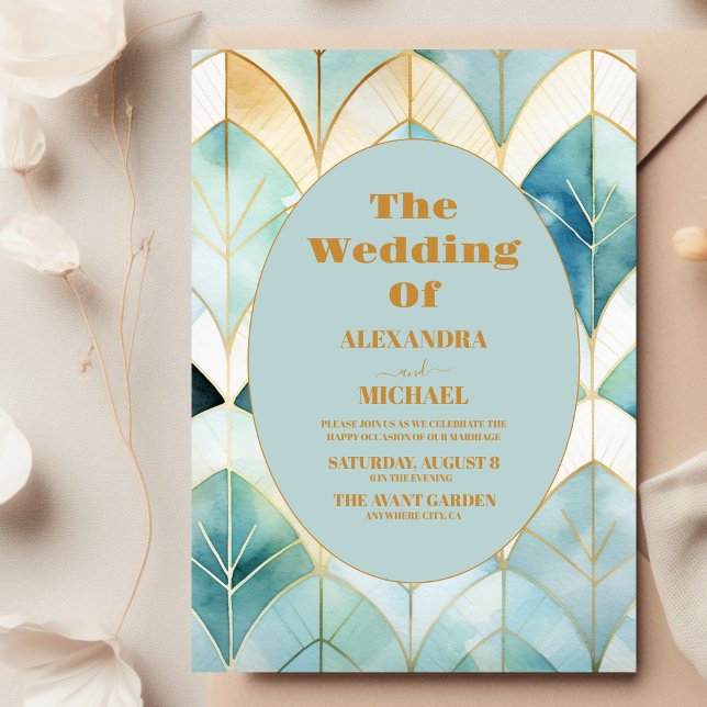 Watercolor Green and Gold Art Deco Wedding  Invitation (Creator Uploaded)