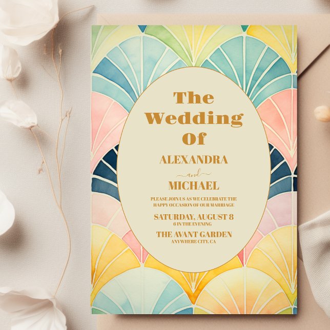 Watercolor Green and Gold Art Deco Wedding  Invitation (Creator Uploaded)
