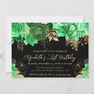 Watercolor Green and Gold Flowers 21st Birthday Invitation