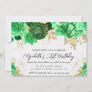 Watercolor Green and Gold Flowers 21st Birthday Invitation