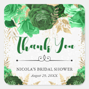 Watercolor Green and Gold Flowers Bridal Shower Square Sticker