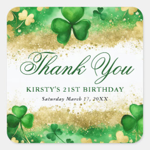 Watercolor Green and Gold Shamrock 21st Birthday Square Sticker
