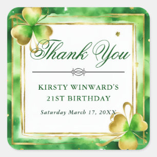 Watercolor Green and Gold Shamrock Birthday Square Sticker