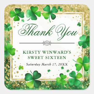 Watercolor Green and Gold Shamrock Sweet Sixteen Square Sticker