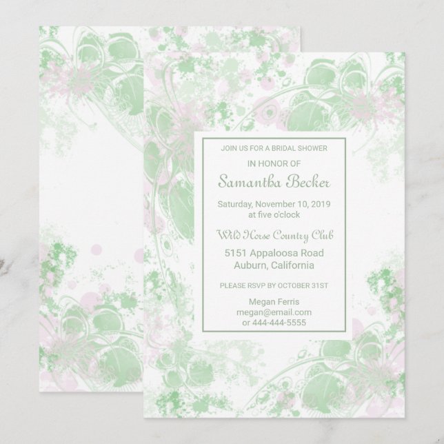 Watercolor Green and Pink Botanical Bridal Shower Invitation (Front/Back)