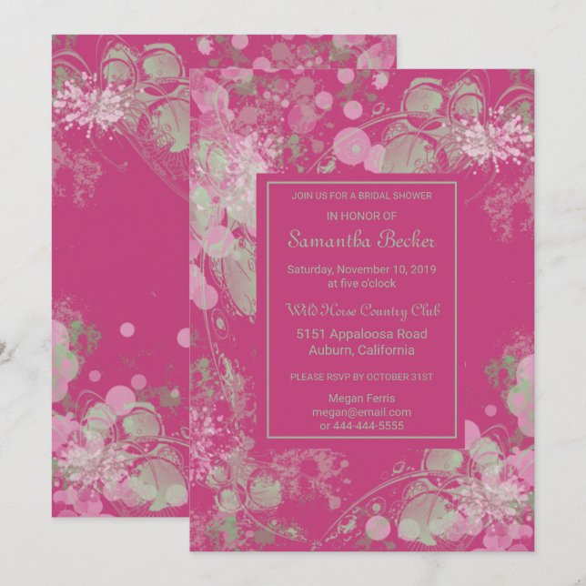 Watercolor Green and Pink Botanical Bridal Shower Invitation (Front/Back)