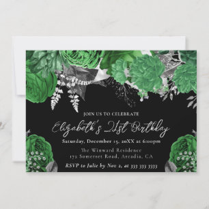Watercolor Green and Silver Roses 21st Birthday Invitation
