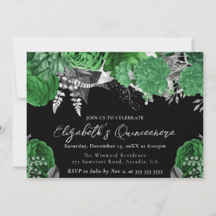 Watercolor Green and Silver Roses Quinceanera Invitation