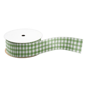 Watercolor Green and White Gingham Grosgrain Ribbon