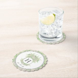 Watercolor Green and White Hydrangea Crest Paper Coaster