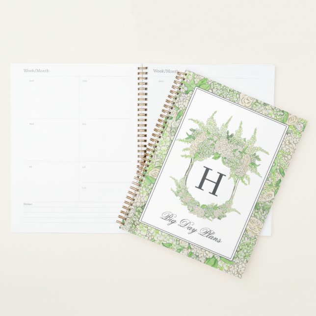Watercolor Green and White Hydrangea Crest Wedding Planner (Display)