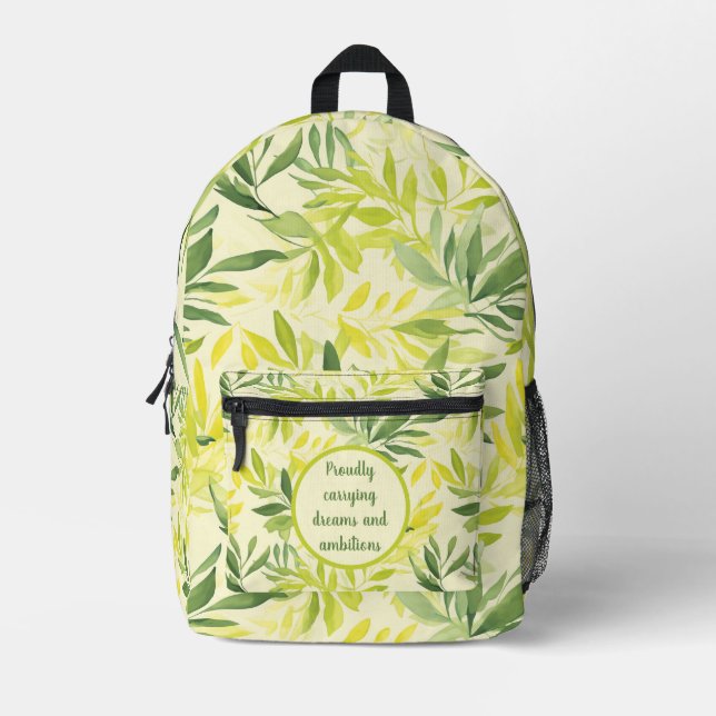Watercolor Green and Yellow Leaf Pattern Printed Backpack (Front)