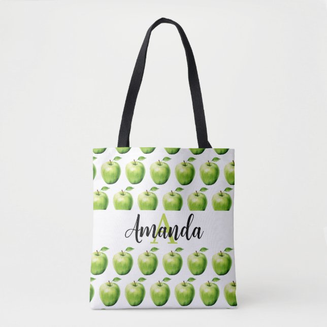 Watercolor Green Apple Pattern Name Monogramed Tote Bag (Front)