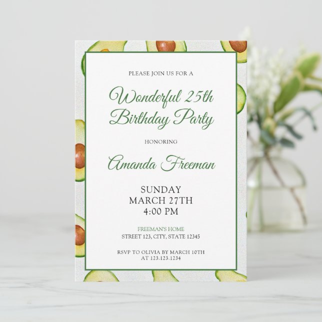 Watercolor Green Avocado Pattern Birthday Invitation (Standing Front)