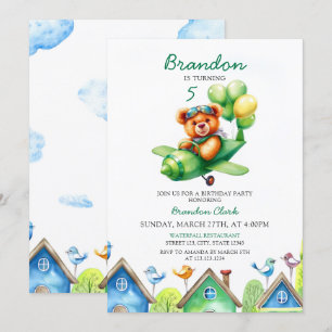 Watercolor Green Balloons Aeroplane 5th Birthday Invitation