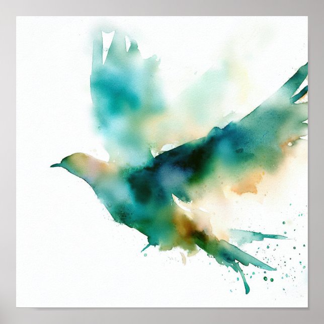 Watercolor green bird in flight art poster (Front)
