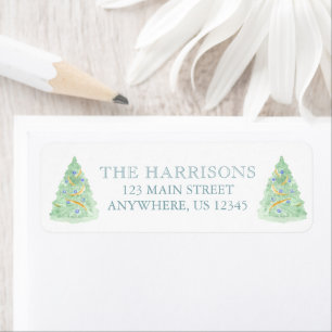 Watercolor Green & Blue Christmas Tree Address Return Address Label