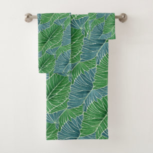 Watercolor Green Blue Teal Tropical Leaves Pattern Bath Towel Set