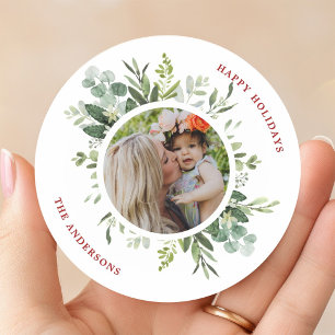 Watercolor Green Botanical Frame Photo Christmas Classic Round Sticker