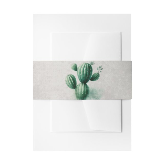 Watercolor Green Cactus Grey Southwest Wedding Invitation Belly Band (Front Example)