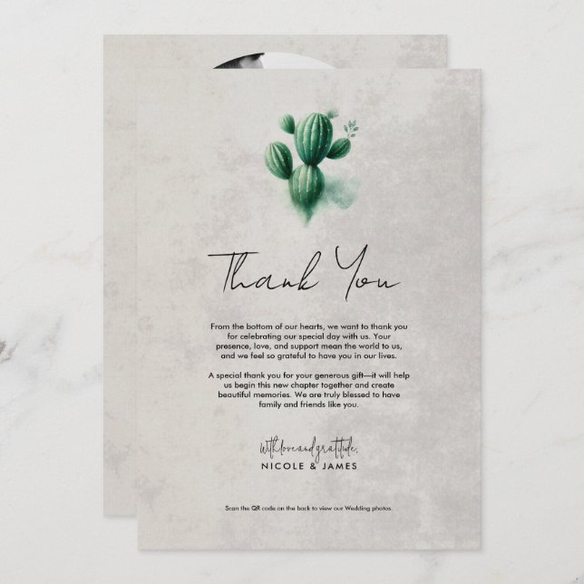 Watercolor Green Cactus Grey Wedding Thank You Invitation (Front/Back)