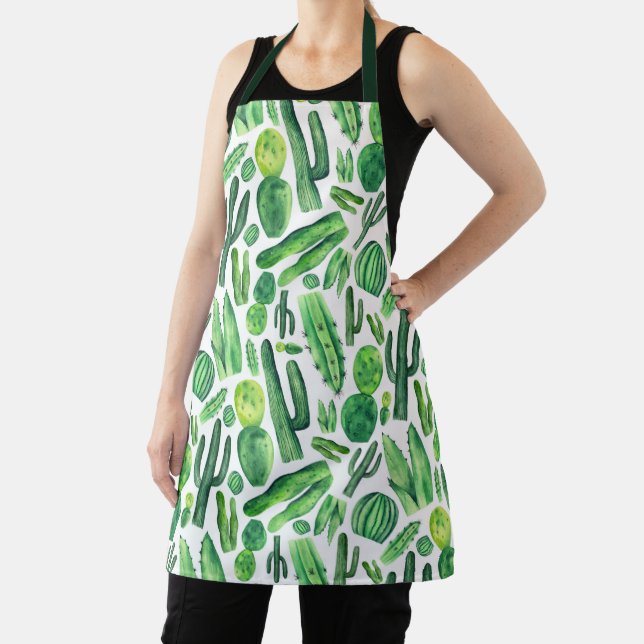 Watercolor green cactus pattern. Cute succulents Apron (Insitu)