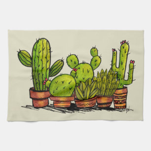 Watercolor Green Cactus Plants  Tea Towel