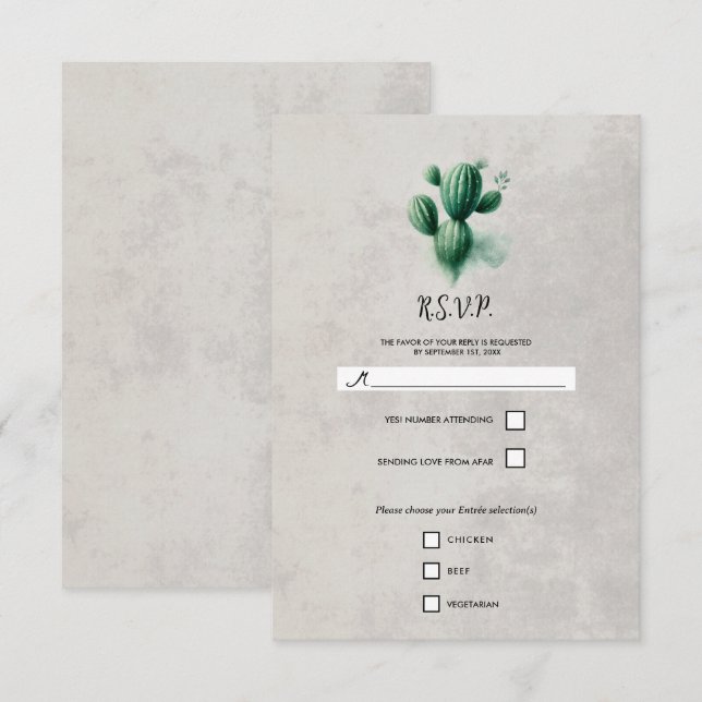 Watercolor Green Cactus Stone Grey Wedding RSVP Card (Front/Back)