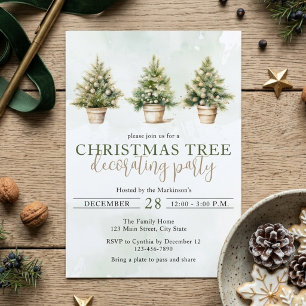 Watercolor Green Christmas Tree Decorating Party Invitation
