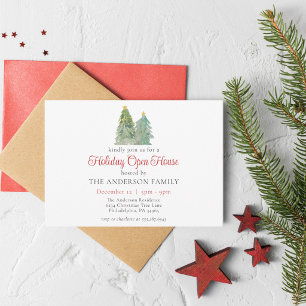 Watercolor Green Christmas Tree Holiday Open House Invitation