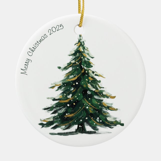 Watercolor Green Christmas Tree Winter Holiday Ceramic Ornament (Front)
