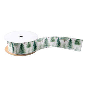 Watercolor Green Christmas Trees Pattern Holiday  Satin Ribbon