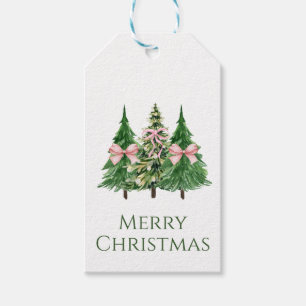 Watercolor Green Christmas Trees with Pink Bows Gift Tags