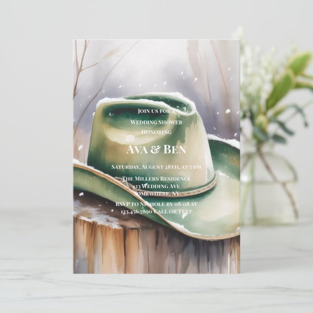 Watercolor Green Cowboy Hat in Snow Wedding Shower Invitation (Standing Front)