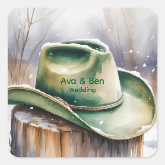 Watercolor Green Cowboy Hat in Snow Wedding Square Sticker