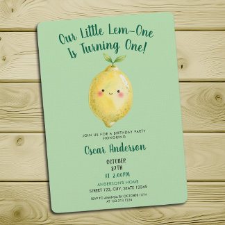 Watercolor Green Cute Lemon First Birthday Invitation