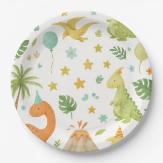Watercolor Green Dinosaur Birthday Paper Plate