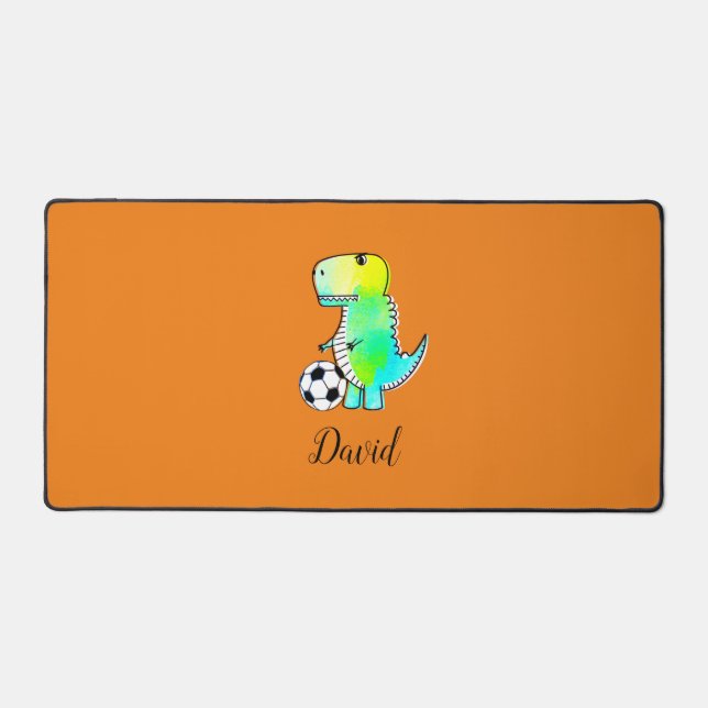 Watercolor Green Dinosaur With Custom Name Desk Mat (Front)