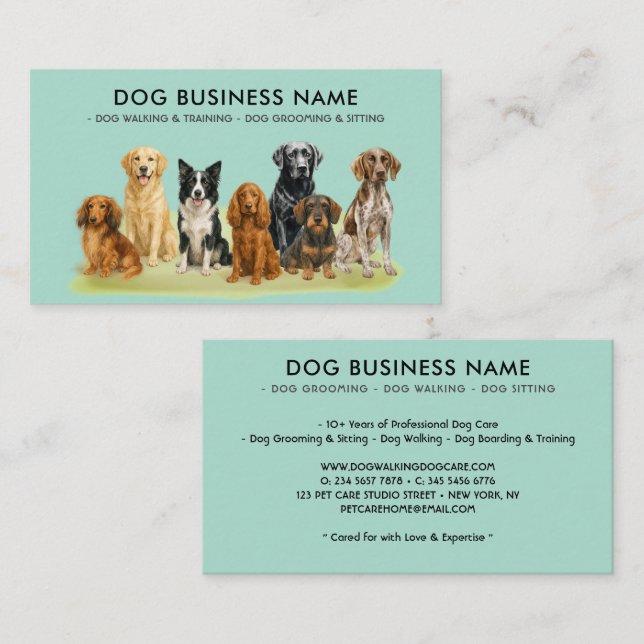 Watercolor Green Dog Grooming Sitting Training Business Card (Front/Back)
