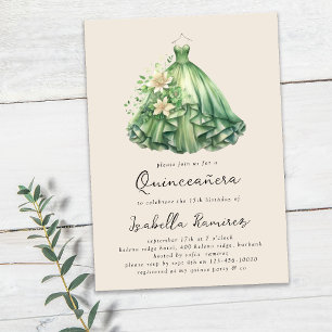 Watercolor Green Dress Elegant Quinceañera Invitation