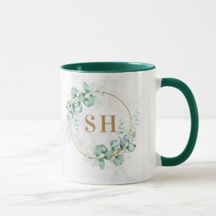 Watercolor Green Eucalyptus Gold Monogram Wedding  Mug