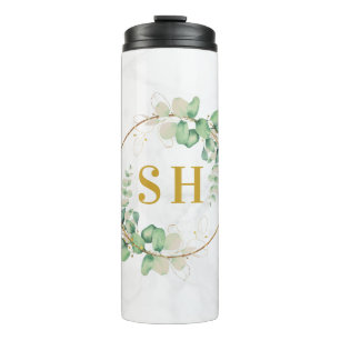 Watercolor Green Eucalyptus Gold Monogram Wedding  Thermal Tumbler